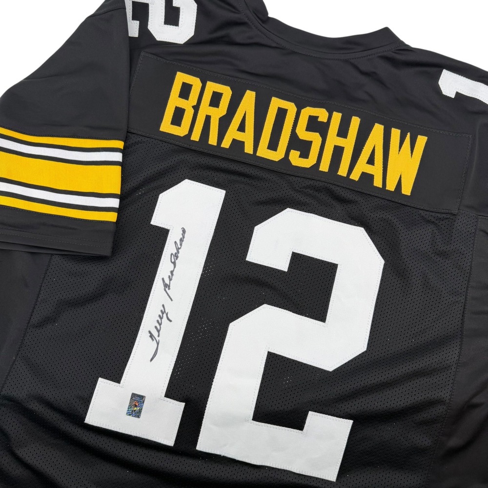Facsimile Autographed Terry Bradshaw Pittsburgh Black Reprint Jersey Men's XL